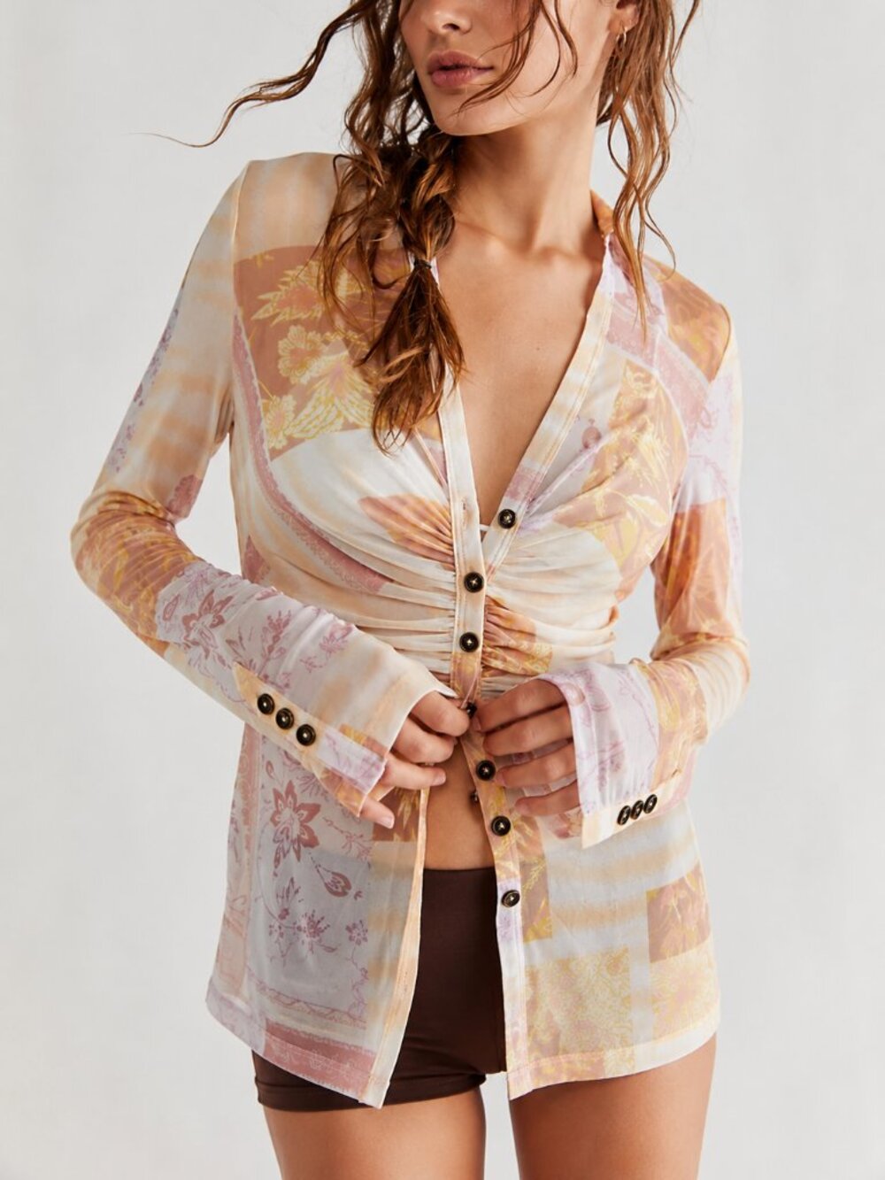 Free People Lucky Shirtee Top Light Combo S Ruched Mesh Floral Button Front Boho